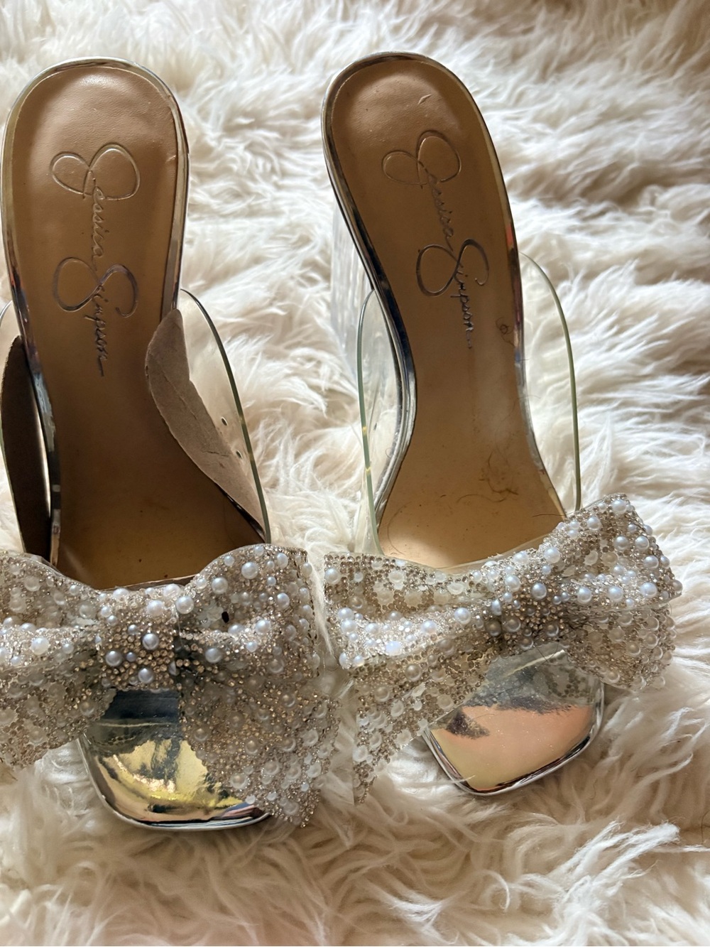 Jessica Simpson Pearl & Beaded Bow Clear Mules in Ivory
